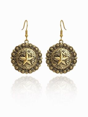 Gold Metallic Star Medallion Drop Earrings
